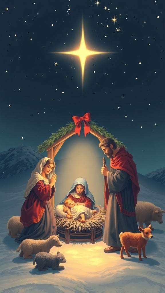 Nativity scene with Jesus, Mary, and Joseph under a starry sky, representing the spirit of Christmas.